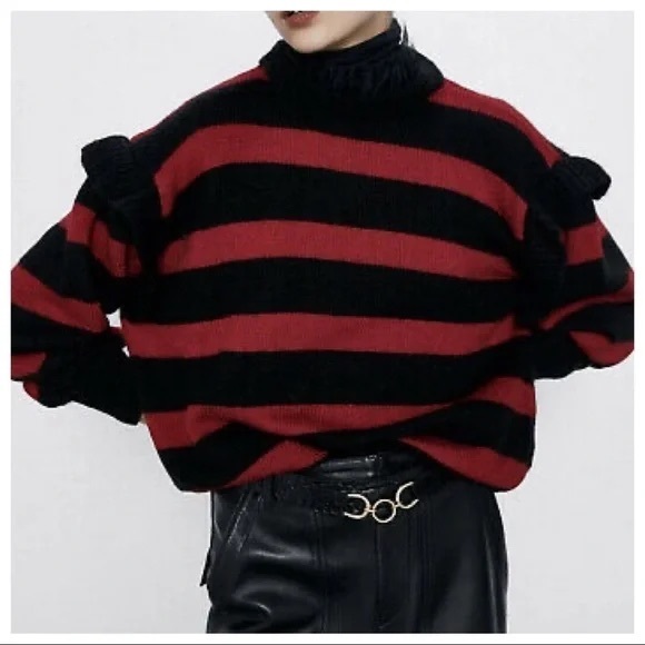 Zara Red Black Striped Tulle Ruffle Neck Mohair Blend Knit Sweater Size S - Picture 1 of 12